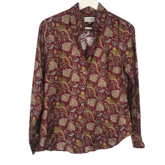 J.Crew Collection Blouse Womens 0 Jungle Cat Print Silk Twill Shirt Maroon AS266 - Picture 2 of 12
